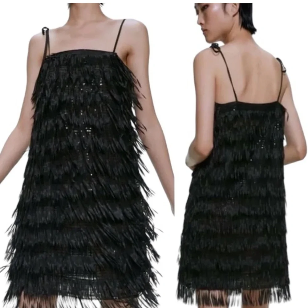 Zara Black Sequined Fringed Spaghetti Strap Mini Dress Lined Black Size Small